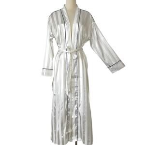 Free People White Satin Long Striped Robe with Contrast Piping